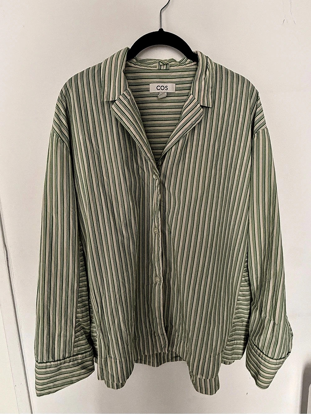 COS Oversized Striped Cotton-Poplin Shirt Green & White Medium